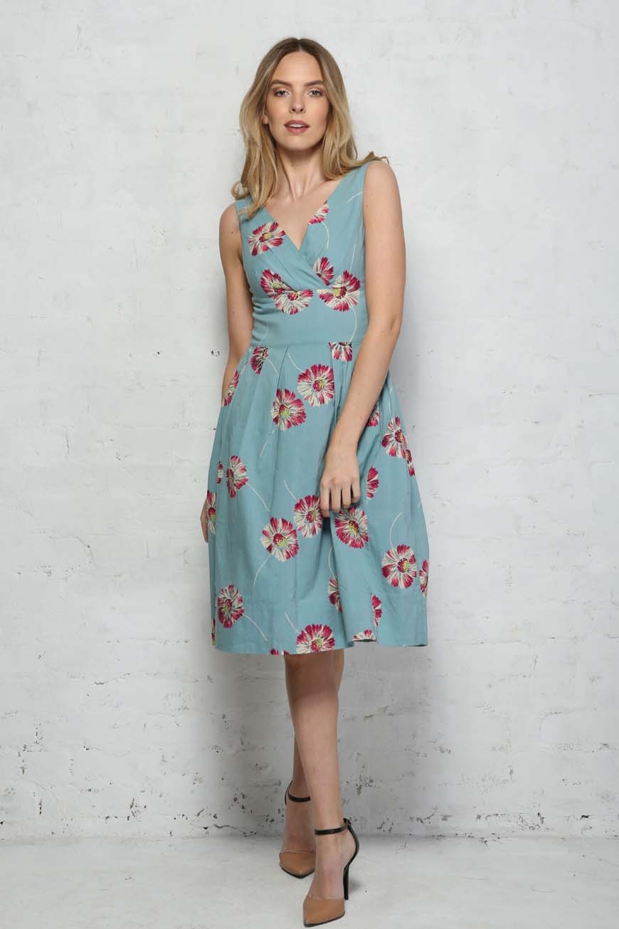Daisy Print Prom Dress Blue Fit And Flare Dress