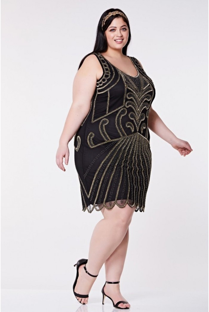 Black And Gold Scalloped Flapper Dress  1920s Party Dress 